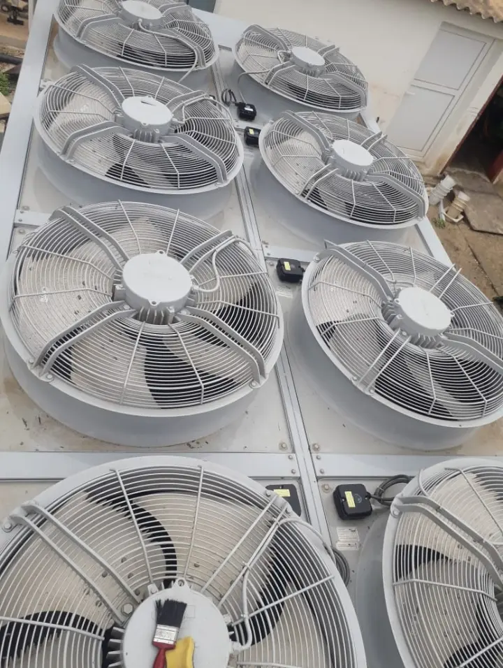 Condenser fans on a chiller being serviced