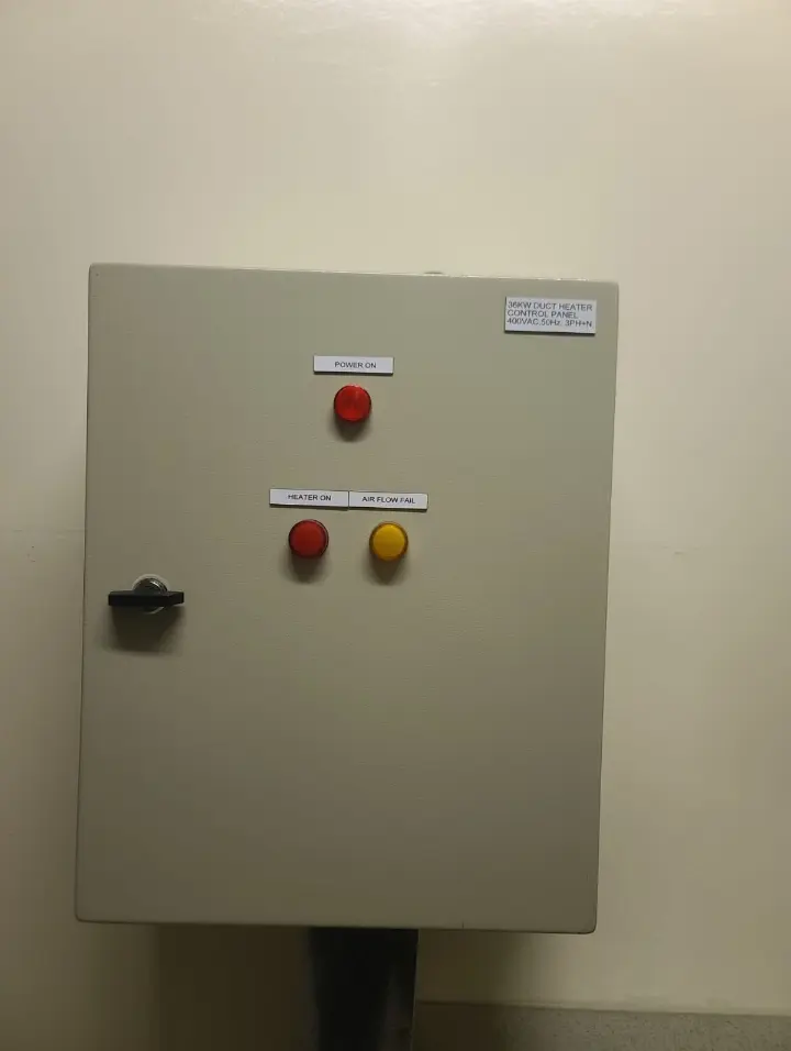 36 kW duct heater control panel with power, heater and airflow fail lights